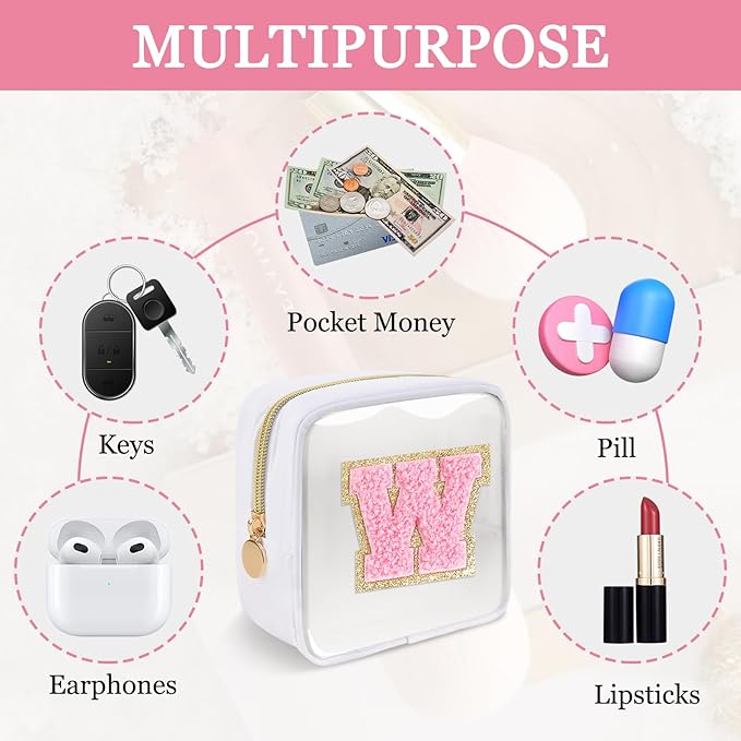 Mini Clear Personalized Initial Makeup Bag, Small Preppy A-Z Chenille Letter Patch Cosmetic Pouch, Transparent PVC & Nylon Waterproof Zip Beach Toiletry Bag,Gift for Women Girls(White-Pink W)