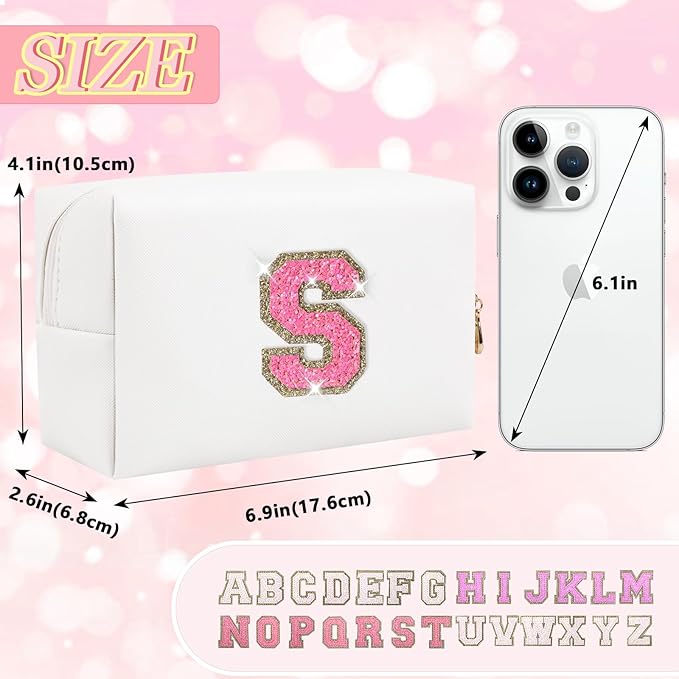 Personalized Initial Letter Makeup Bag, Small Glitter Letter Patch Cosmetic Pouch Zipper, Preppy Makeup Organizer PU Waterproof Travel Toiletry Bag,Monogrammed Birthday Gift for Women Girls(Letter S)