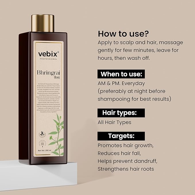 VebixProfessional Ayurvedic Bhringraj Taila | Hair Growth & Hairfall Control Hair Oil with Bringharaj Oil & CoconutOil | Men & Women, 200ml