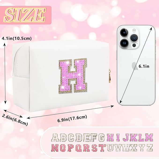 Personalized Initial Letter Makeup Bag, Small Glitter Letter Patch Cosmetic Pouch Zipper, Preppy Makeup Organizer PU Waterproof Travel Toiletry Bag, Monogrammed Birthday Gift for Women Girls