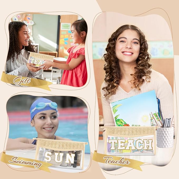 Teacher Appreciation Gifts Boho Straw Clear Makeup Bags, Zipper Cosmetic Bag Chenille Letter Patch Bag, Preppy Cute Beach Toiletry Pouch, Trendy Graduation Retirement Birthday Teacher Gifts for Women