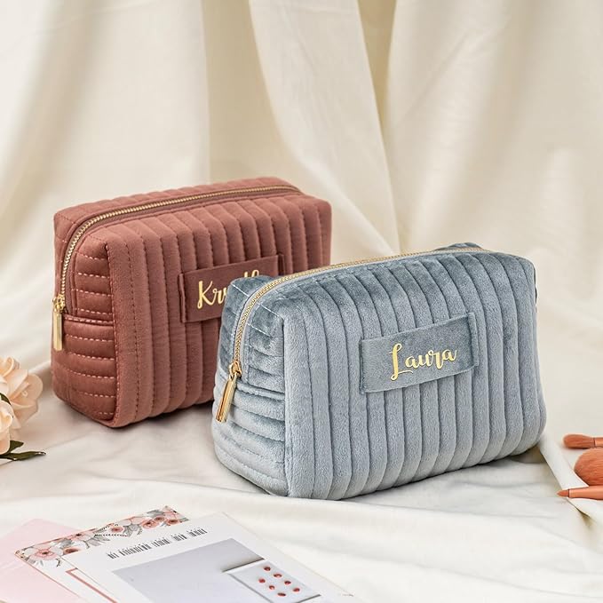 Personalized Makeup Bag, Velvet Custom Name Travel Makeup Bag with Zipper for Women Teen Girls Birthday Gifts Mothers Day Gifts for Mom