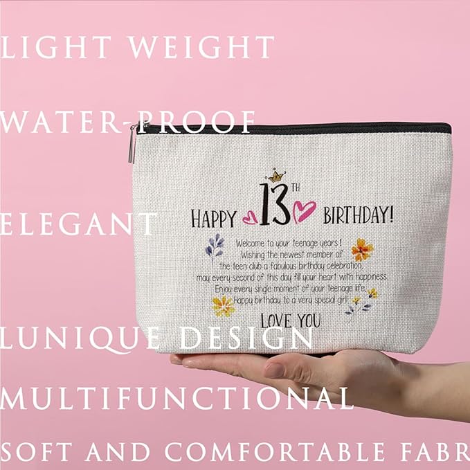 13th Birthday Gifts for Girls Makeup Bag Best Gift Ideas for 13 Year Old Girl Great Teenage Girls Gifts for Her Daughter Granddaughter Sister Bestie Cute Cosmetic Bag Happy Birthday Gift from Mom