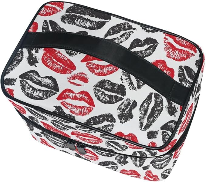 Makeup Train Case Valentines Lips Mouth Pattern Carrying Portable Zip Travel Cosmetic Brush Bag Organizer Large for Women