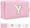 Initial Letter Patch Makeup Bag, Preppy Glitter Letter Pouch Cosmetic Bag,Small PU Travel Toiletry Bag Zipper,Personalized Monogrammed Gift for Friends Sister,Cute Stuff for Women Teen Girls(Letter Y)