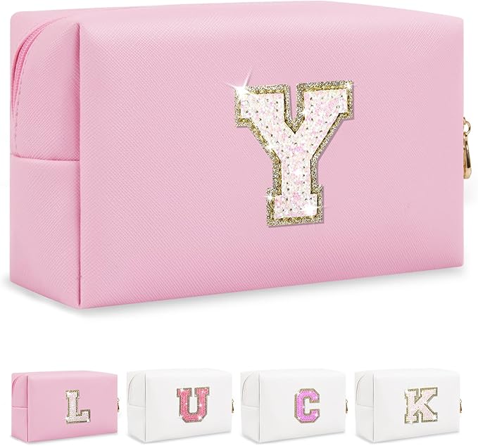 Initial Letter Patch Makeup Bag, Preppy Glitter Letter Pouch Cosmetic Bag,Small PU Travel Toiletry Bag Zipper,Personalized Monogrammed Gift for Friends Sister,Cute Stuff for Women Teen Girls(Letter Y)