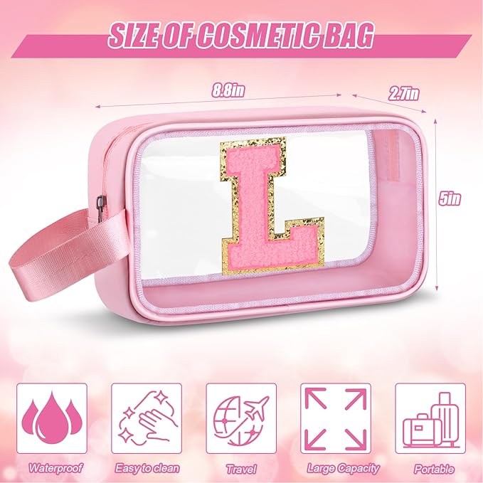 Initial Makeup Bag,Letter L Cute Clear Monogrammed Cosmetic Travel Bag for Womens Girls,Personalized Pink Aesthetic Traveling Make Up Organizer Bag for Beach,Waterproof Toiletry Bag