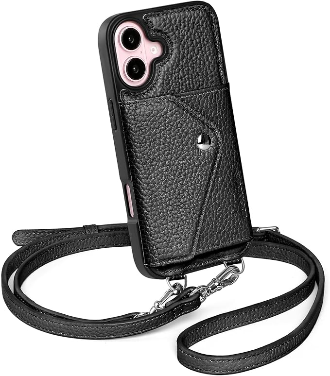 LUCKYCOIN Crossbody Wallet Phone Case for iPhone 16,100% Genuine Leather Wallet Phone Case with Expandable Flip Card Holder,Phone Purse for Women with Adjustable Removable Strap - Pebble Black