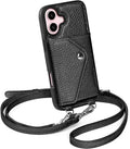 LUCKYCOIN Crossbody Wallet Phone Case for iPhone 16,100% Genuine Leather Wallet Phone Case with Expandable Flip Card Holder,Phone Purse for Women with Adjustable Removable Strap - Pebble Black