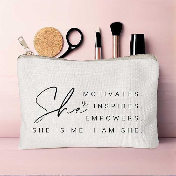 She Motivates Inspires Empowers Makeup Bag She is Me Entrepreneurship Gift Women's Motivational Cosmetic Bags Powerful and Inspirational Travel Bag Gift for Her