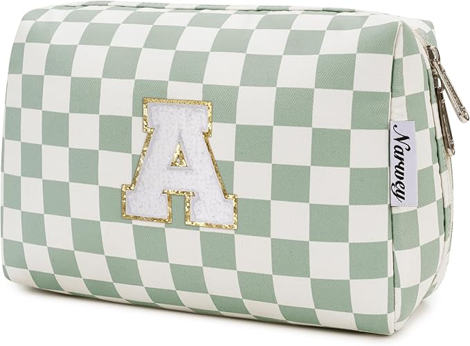 Narwey Christmas Gifts Initial Makeup Bag for Teen Girls Kids Trendy Stuff 6 8 10 11 12 13 14 16 18 Years Old, Personalized Monogram Cosmetic Toiletry Bag, Birthday Gifts for Women Tween (Green A)