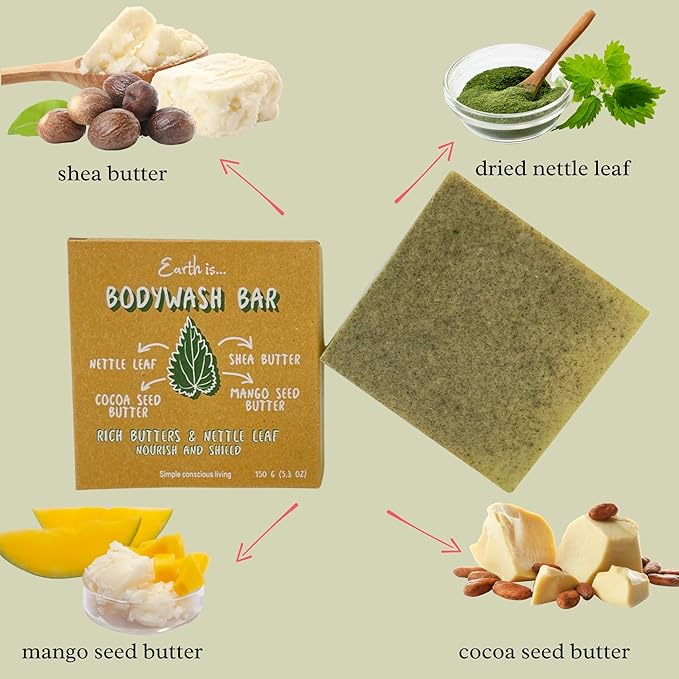 Earth is…Body Wash Bars - Natural Moisturizing Formula - Vegan, Plastic Free, Eco-Friendly - Choose Your Scent & Ingredient Delight! - 5oz Each (Rich Butters and Nettle Leaf)