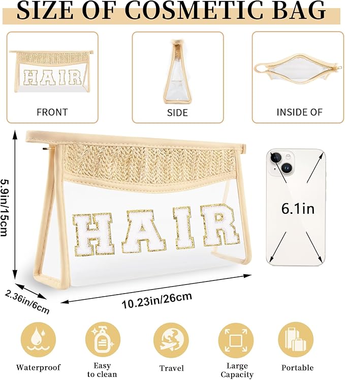 Small Boho Straw Clear Hair Makeup Bags for Women&Girls, Zipper Cosmetic Bag Chenille Varsity Letter Patch Bag, Preppy Cute Toiletry Pouch, Trendy Organizer Storage Bag for Beach Travel Essentials