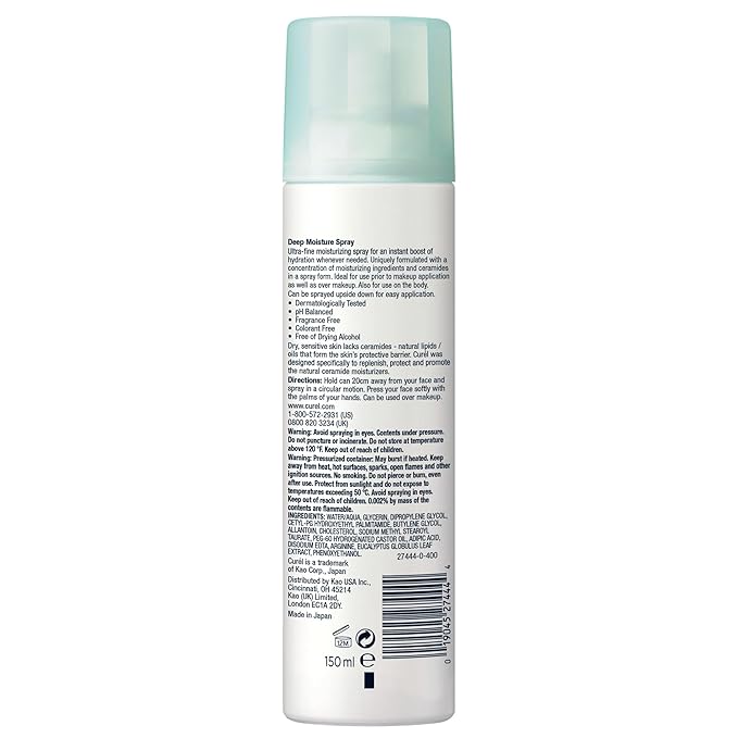 Curel Japanese Skin Care Deep Moisture Spray, Facial Lotion for Dry, Sensitive Skin, with Ceramides, Face and Body Moisturizer, pH Balanced, Fragrance & Alcohol Free Lotion, Setting Spray, 5 Fl Oz
