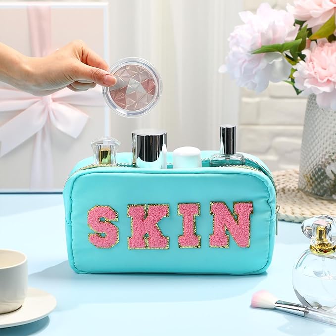Remerry 4 PCS Nylon Cosmetic Bags Waterproof Spacious Travel Makeup Organizer for Women Chenille Letter Preppy Zipper Pouch Face Stuff Skin Hair Organizer Gift(Light Blue)