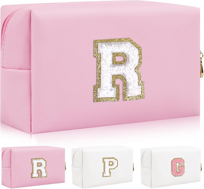 Personalized Initial Letter Patch Makeup Bag, Preppy Portable Chenille Letter Cosmetic Bag with Zipper, PU Leather Waterproof Travel Toiletry Bag Monogram Make Up Pouch for Women Girls(Letter R)
