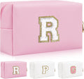 Personalized Initial Letter Patch Makeup Bag, Preppy Portable Chenille Letter Cosmetic Bag with Zipper, PU Leather Waterproof Travel Toiletry Bag Monogram Make Up Pouch for Women Girls(Letter R)