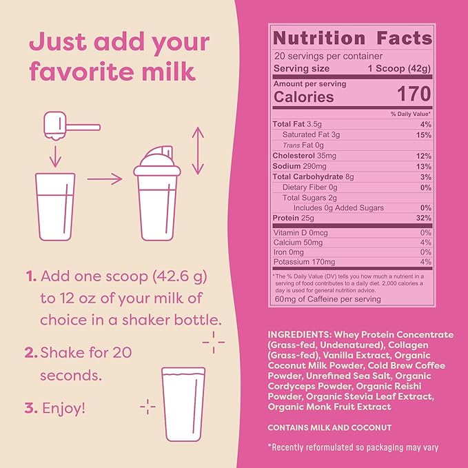 FlavCity Grass Fed Whey Protein Powder - Vanilla Latte - 25g Protein, 10g Collagen & 60mg of Caffeine - Made with Real Vanilla Bean & Organic Coconut - Gluten Free & No Added Sugars (20 Servings)