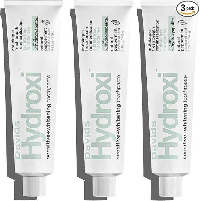Davids Hydroxi Fluoride Free Nano Hydroxyapatite Toothpaste for Remineralizing Enamel & Sensitive Relief, Whitening, Antiplaque, SLS Free, Natural Peppermint, 5.25oz, Made in USA (3 Pack)