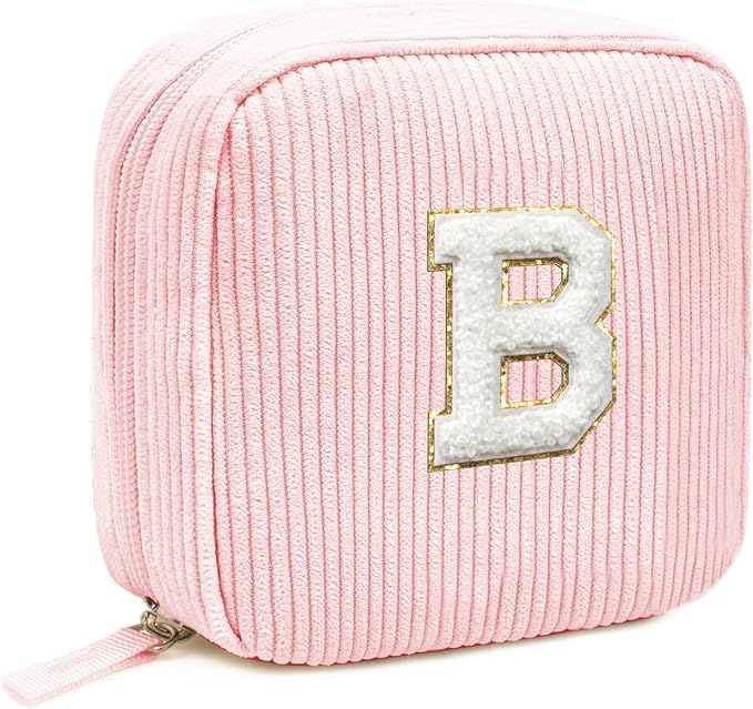 LETGO Birthday Gifts for Women Small Personalized Initial Monogram Makeup Bag,Preppy Corduroy Makeup Bags Travel Toiletry Bag Cute Pouch Purse for Her Mom Girlfriend Wife Sister Teacher Bridesmaid