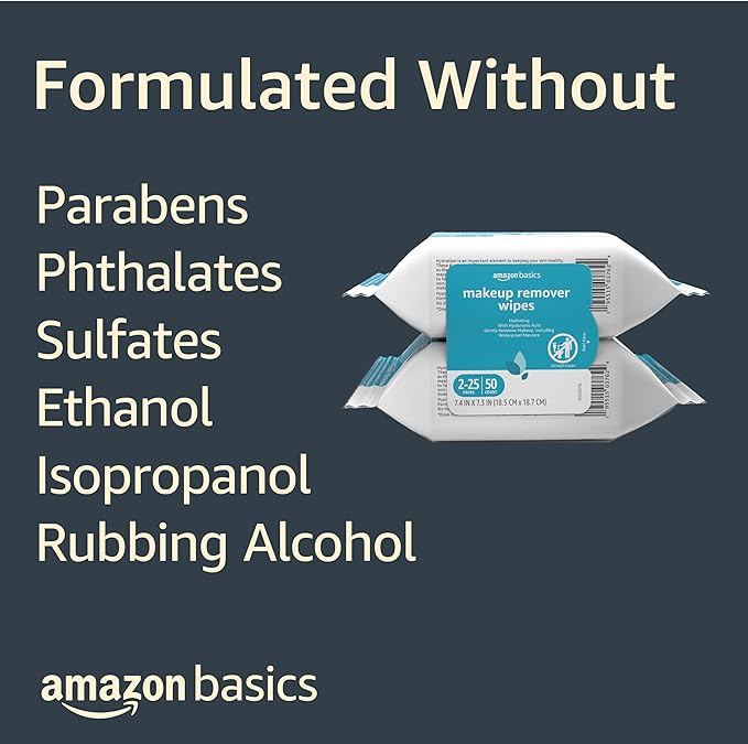 Amazon Basics Makeup Remover Wipes, Gentle Cleansing, Dermatologist Tested, Hydrating, Plant Based, Alcohol-Free, Removes Waterproof Mascara, 25 Count Per Pack, Pack of 2