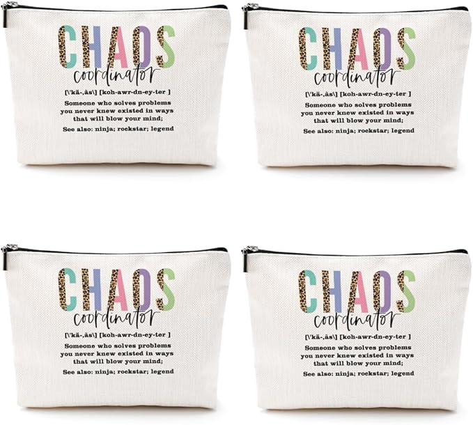 4pcs Chaos Coordinator Makeup Bag Chaos Coordinator Gifts for Women Cosmetic Bag, Thank You Gifts for Women Her Moms Manager Colleagues Retirement Boss Gift, Makeup Pouch Zipper Bags