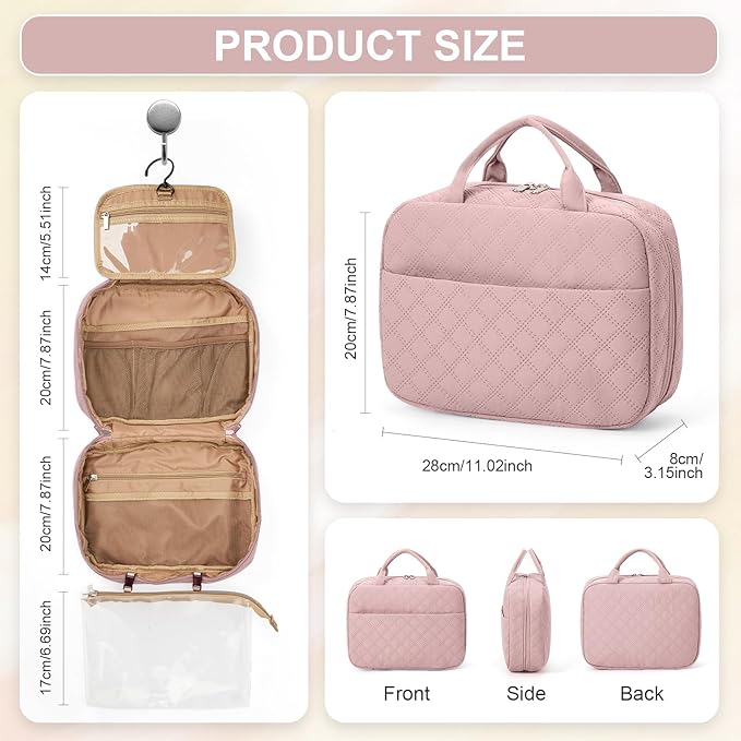 Travel Toiletry Bag For Women Small Hanging Toiletry Travel Makeup Bag lightweight Water-Resistant Toiletries Organizer case portable Cosmetic Bags For Women Pink