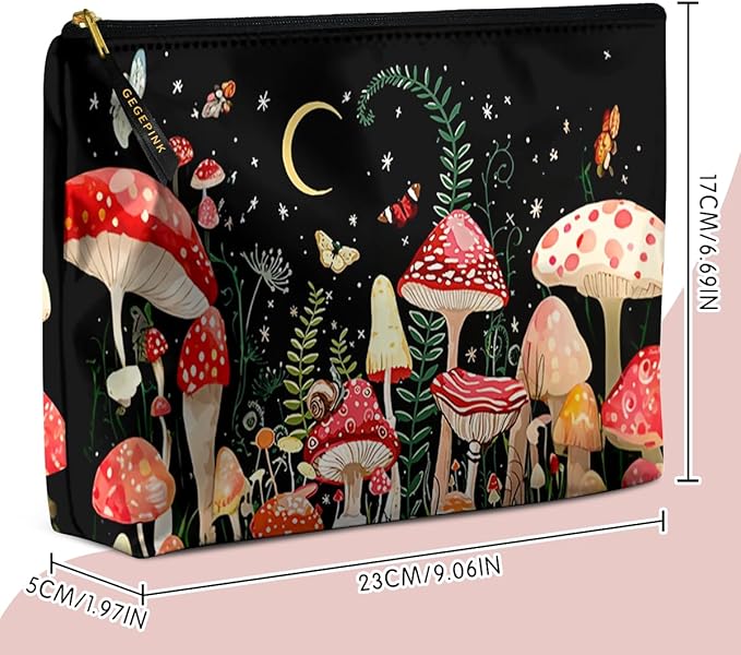 Cute Makeup Bag for Purse Waterproof Cosmetic Bags for Women Funny Smooth Zipper Travel Toiletry Pouch 10X8 Inches-Mushroon Makeup pouch