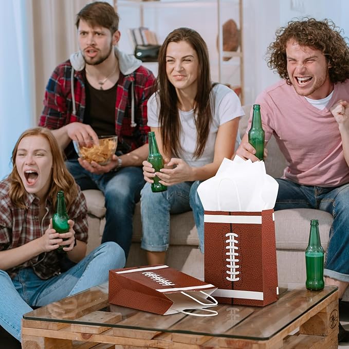 durony 16 Pieces Football Gift Bags with Handles Football Party Favor Bags Paper Treat Bags Football Goodie Bags Candy Snack Bags Football Theme Party Decorations for Birthday Party Supplies