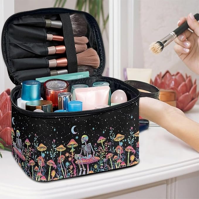 Colorful Mushroom Skull Floral Pattern Travel Makeup Bag for Women Large Capacity Cosmetic Bag with Zipper and Handle Portable Toiletry Bag Make Up Organizers