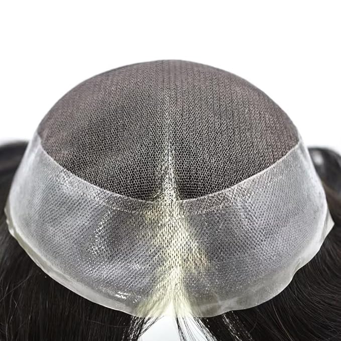 Toupee for Men French Lace Center Human Hair Replacement Systems Transparent Lace Center Hair Piece Mens Toupee Hair Units for Man V-Looped Front Male Hair Prosthesis 7"X10" #2 Darkest Brown