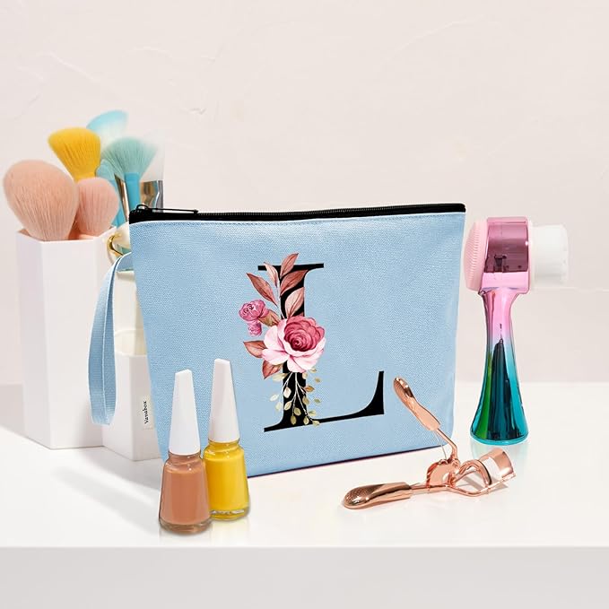 Vavabox A-Z Personalized Makeup Bag, Birthday Gifts for Women Mom, Gifts for Best Friend, Bride Bridesmaid Cosmetic bag (L, Blue)