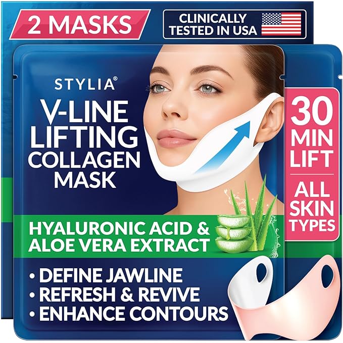 Stylia V Line Lifting Collagen Mask - Lift, Firm & Contour Jawline - Tightening Double Chin Strap with Hyaluronic Acid & Aloe - Neck Lift & Face Tightening Mask - Jawline Shaper Face Lift Tape (2PC)