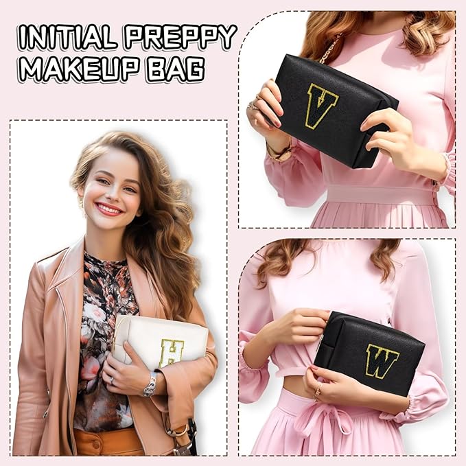 TOPEAST Monogrammed Gift for Women Girls, Personalized Initial Makeup Bags Cosmetic Bag with Zipper, Cute Makeup Pouch, PU Leather Waterproof Toiletry Bag, Preppy Gifts Stuff for Girl (Black E)
