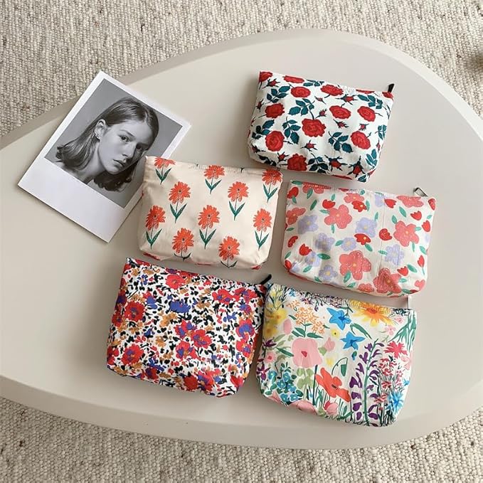 Floral Makeup Bag Large Cotton Zipper Pouch for Purse Travel Canvas Make Up Organizer for Women Cosmetic,Flower Pink