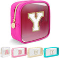 Mini Clear Personalized Initial Makeup Bag, Small Preppy A-Z Chenille Letter Patch Cosmetic Pouch, Transparent PVC & Nylon Waterproof Zip Beach Toiletry Bag,Gift for Women Girls(Hot Pink-White Y)