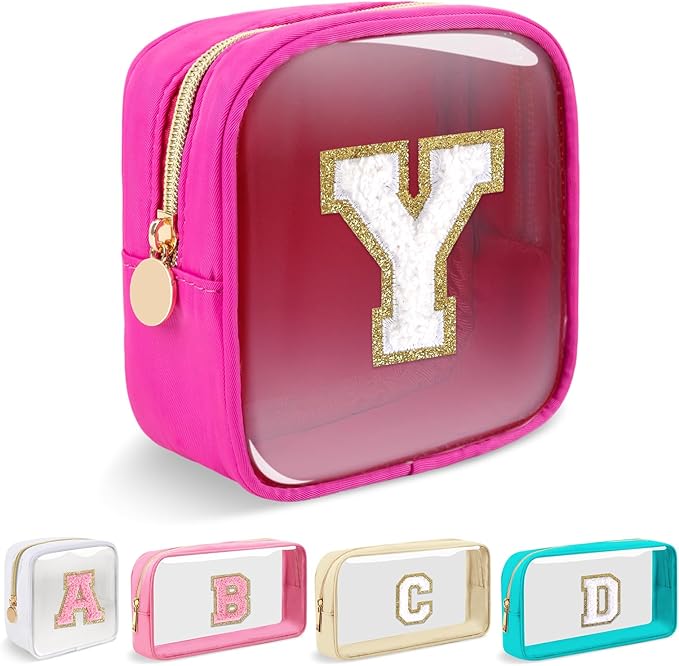 Mini Clear Personalized Initial Makeup Bag, Small Preppy A-Z Chenille Letter Patch Cosmetic Pouch, Transparent PVC & Nylon Waterproof Zip Beach Toiletry Bag,Gift for Women Girls(Hot Pink-White Y)