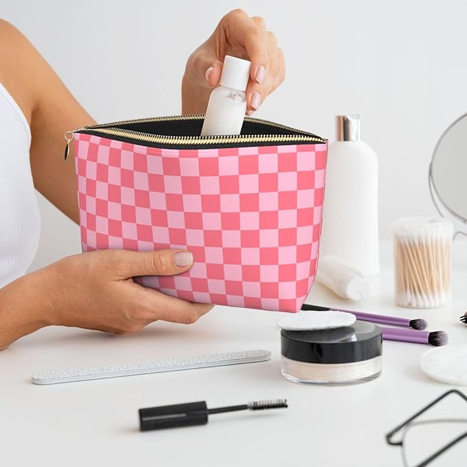 Womens Leather Makeup Bag Cosmetic Bag Travel Toiletry Bags Make Up Bags for Women Adult (Elegant Pink)