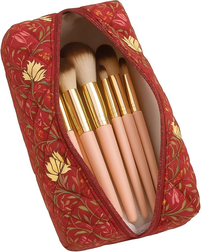 Floral Cotton Makeup Brush Cosmetic Bag for Women, Travel Quilted Zipper Pouch, Large Capacity Flowers Toiletry Organizer, Kawaii Makeup Storage Case, Cosmetic Travel Cloth Bag-Garden Red
