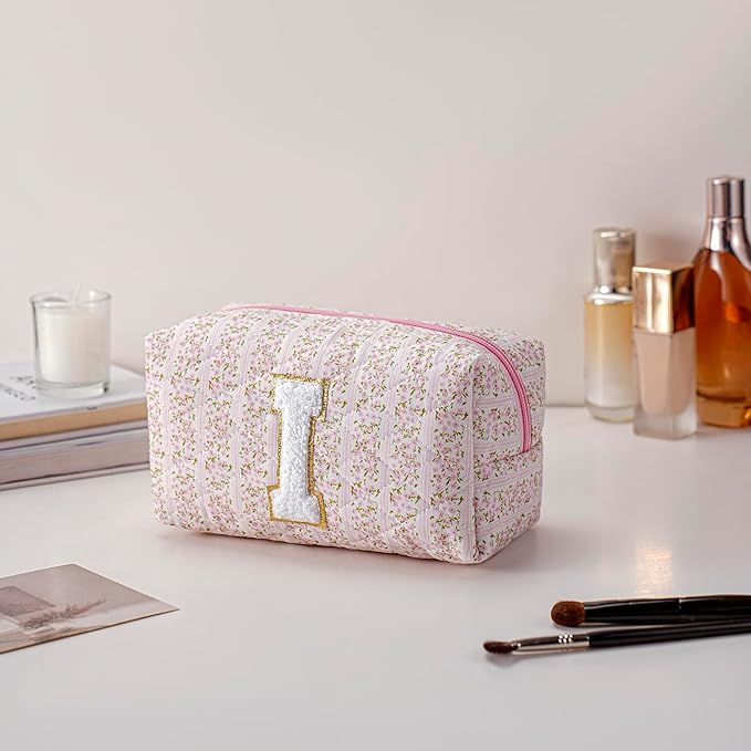 JOVAKIT Alphabet Makeup Bag Cosmetic Bag for Women, Christmas Gifts for Girls Age 6-18, Floral Flowers Coquette Travel Toiletry Zipper Make Up Pouch Organizer Trendy Stuff (Pink Floral I)