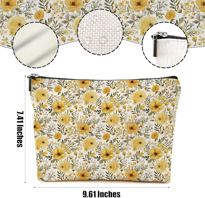 4 Packs Watercolor Pink Yellow Flowers Makeup Bag Floral Cosmetic Bag Friend Friendship Gifts for Women Girls Bestie Botanical Travel Organizer Zipper Pouch Christmas Thanksgiving Birthday Gifts