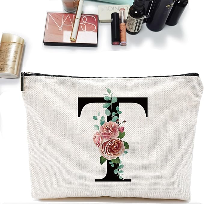 Initial A-Z Personalized Letter Makeup Bag, Monogrammed Bridesmaid Gifts Presents Cosmetic Bag, Portable Stationary Storage Organizer Pouch, Friendship Love Travel Makeup Bags
