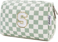 Narwey Birthday Gifts for Teen Girls Women Personalized Initial Checkered Makeup Bag Preppy Cosmetic Bag Trendy Stuff 6 8 10 11 12 13 14 16 18 Years Old Travel Toiletry Bag (Green Letter S)