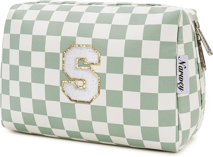 Narwey Birthday Gifts for Teen Girls Women Personalized Initial Checkered Makeup Bag Preppy Cosmetic Bag Trendy Stuff 6 8 10 11 12 13 14 16 18 Years Old Travel Toiletry Bag (Green Letter S)