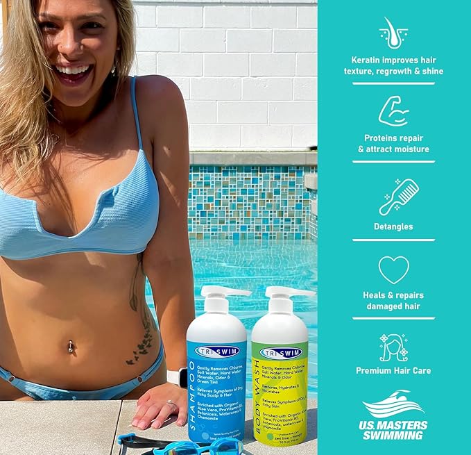 TRISWIM Swim Shampoo and Body Wash Bundle 32oz Bottles with Pump | Removes Chlorine, Saltwater, Hard Water, Bromine & Odors | Hydrates Hair & Skin - with Aloe Vera, Pro-Vitamin B5