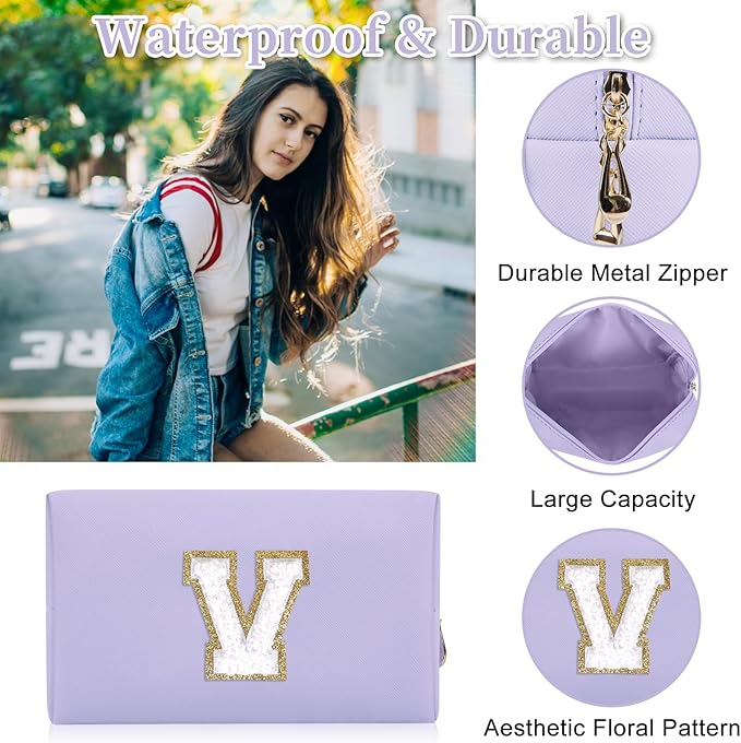 Iqimott Personalized Initial Letter Patch Makeup Bag, Preppy Small Chenille Letter Cosmetic Bag with Zipper, PU Leather Waterproof Travel Toiletry Bag Monogram Make Up Pouch for Women Girls(Letter V)