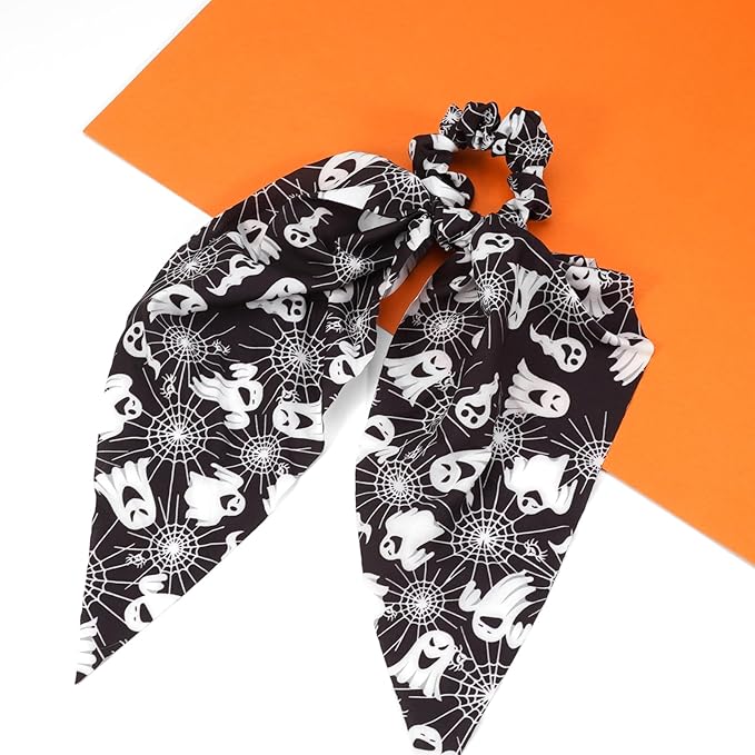 Halloween Hair Ties for Women Girls Spooky Ghost Spider Web Hair Scrunchies Black White Hair Tie Ribbon Hair Bows Halloween Party Gifts Hair Accessories