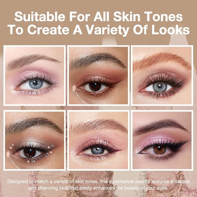 evpct 6 Colors Travel Eye Shadow Palette Makeup, Light Baby Pink Champagne Mink Mauve Pearl White Rose Shimmer Glitter Sparkly High Pigment Mini Eyeshadow Palette for Older Women, Built in Mirror
