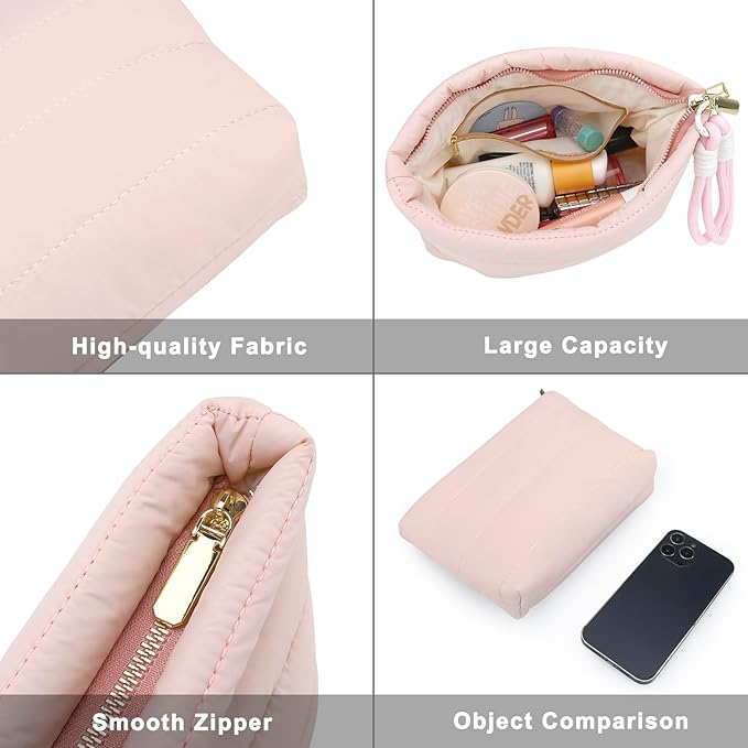 DOB SECHS Quilted Makeup Bag with Handle Detachable Cute Puffy Cotton Cosmetic Bags for Women, Small Puffer Toiletry Zipper Make Up Pouch, Quilt Clutch Bag Travel Organizer Storage Pouches Case, Pink