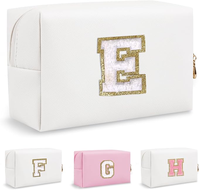 Personalized Chenille Letter Preppy Makeup Bag, Small Cute Travel Cosmetic Bag Initial Toiletry Zipper Pouch Monogram Makeup Storage, Waterproof Makeup Case Travel Essentials for Friend Mom(Letter E)